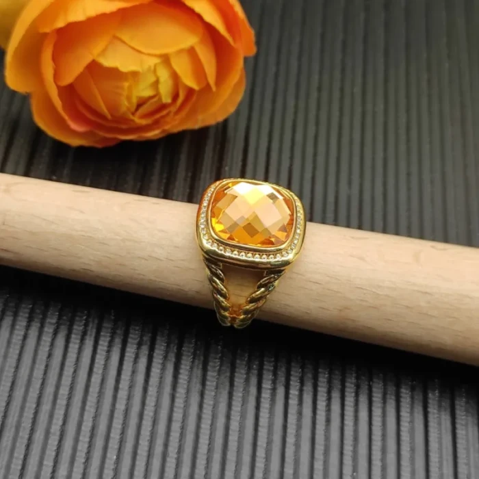 David Yurman Gold 14mm Square Champagne Pavé Diamond Ring
