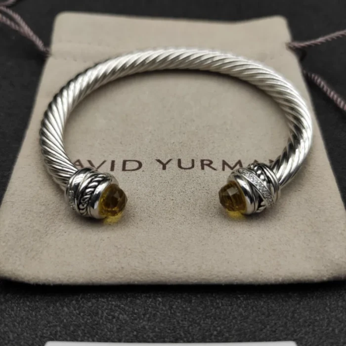 David Yurman 7mm Cable Cuff Bracelet with Rotating End Caps Yellow Diamonds