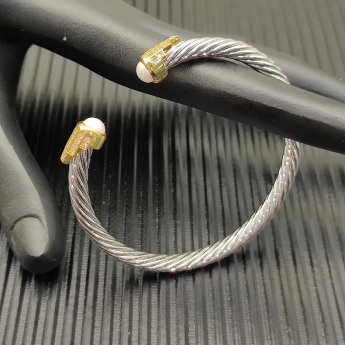 David Yurman 5mm Gold-Tone End Caps Sterling Silver Cable Cuff Bracelet with Pearls