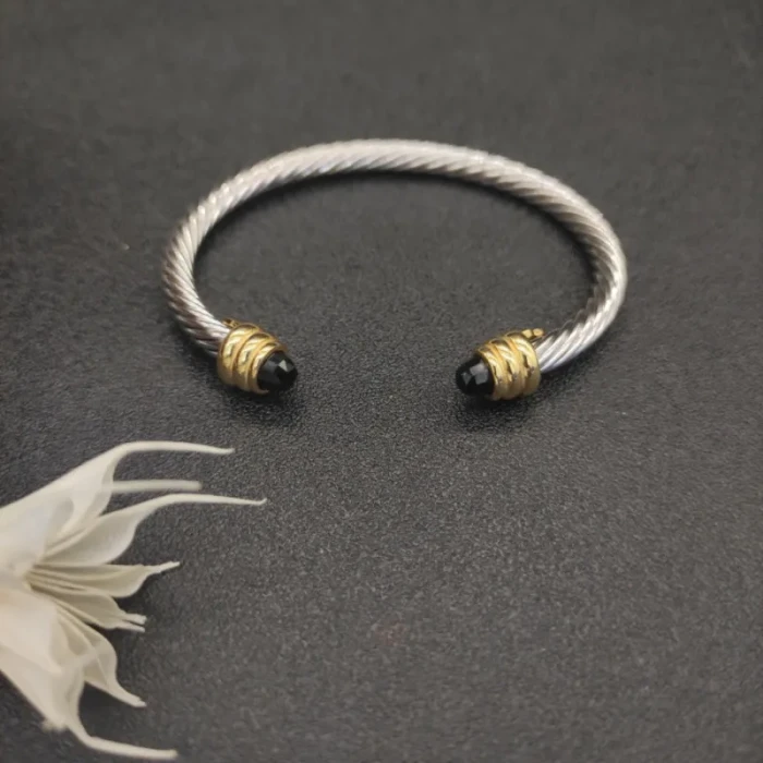 David Yurman 5mm Gold-End Black Diamond Cable Cuff Bracelet