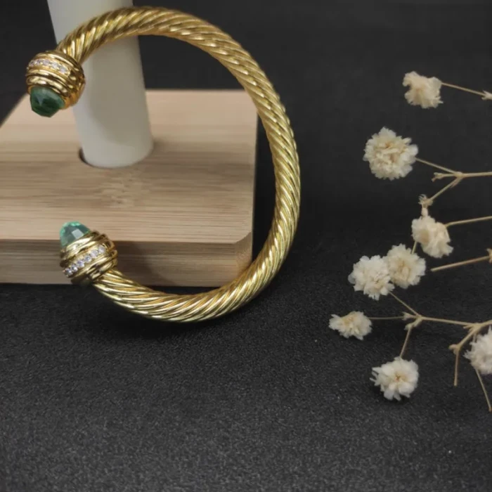 David Yurman 7mm Gold Cable Cuff Bracelet with Blue Diamond End Caps and Inlay