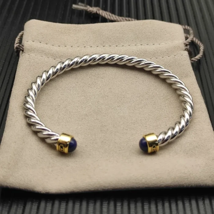 David Yurman 6mm Gold and Silver Lapis Lazuli Cable Cuff Bracelet