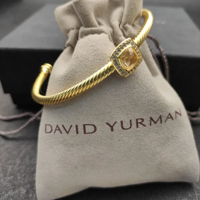 David Yurman Gold Tone 4mm Cable Square Yellow Diamond Cuff Bracelet