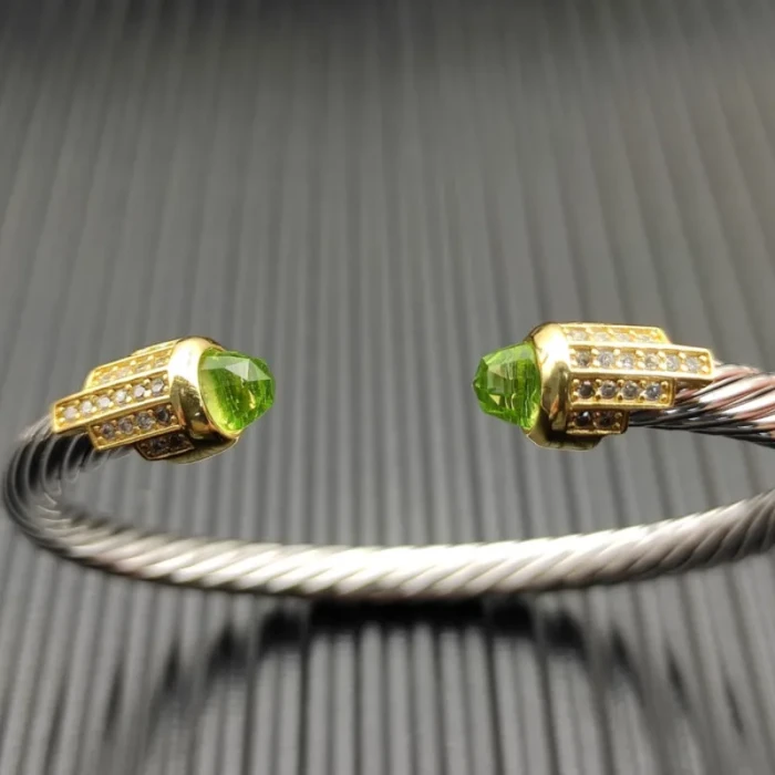 David Yurman 5mm Silver Cable Bracelet with Gold Station and Five-Row Pavé Light Green Diamond Accent