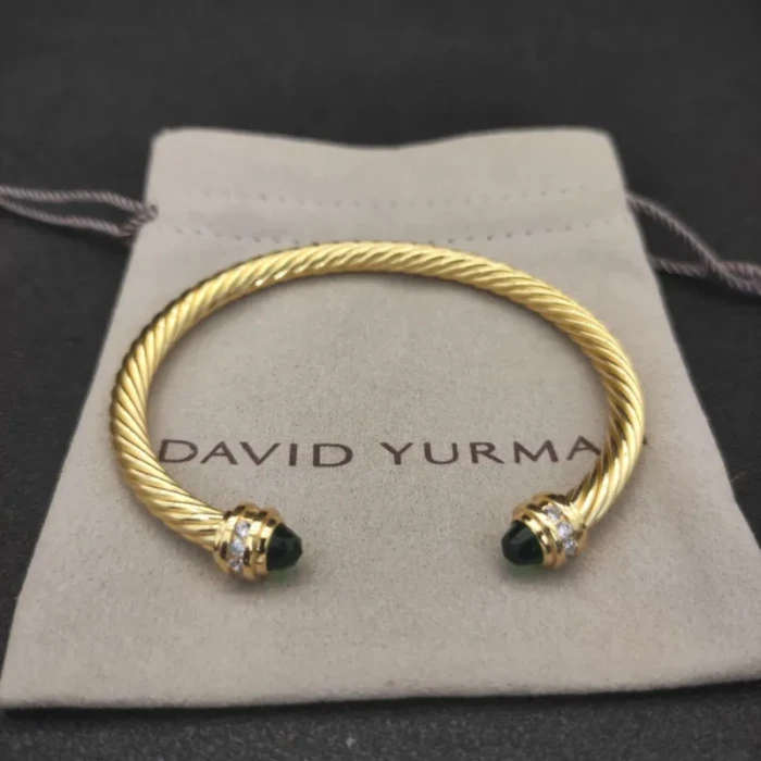 David Yurman 5mm Gold Cable Cuff Bracelet with Diamond-Accented Deep Green Stone
