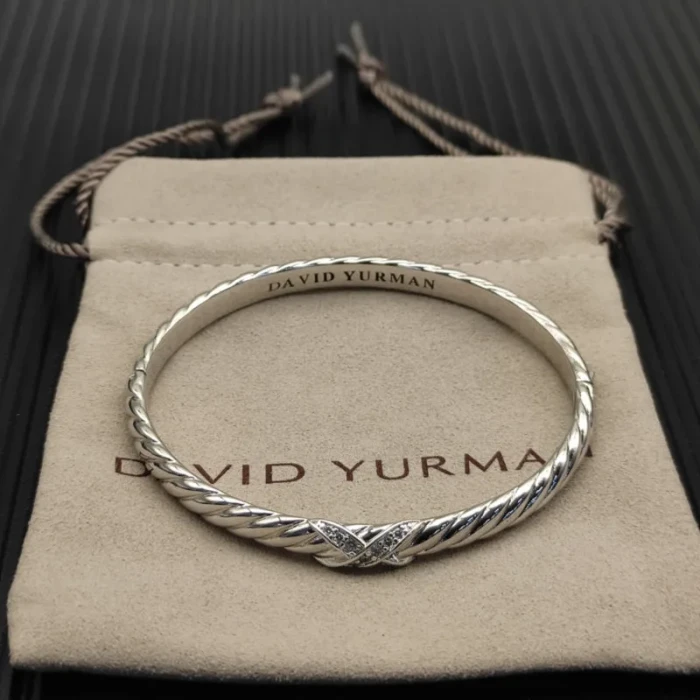 David Yurman 6.2mm Sterling Silver X-Pattern Pavé Wave Cuff Bracelet