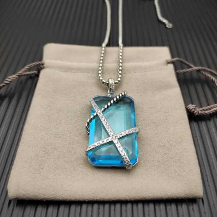 David Yurman Blue Crystal Bezel Pendant Necklace