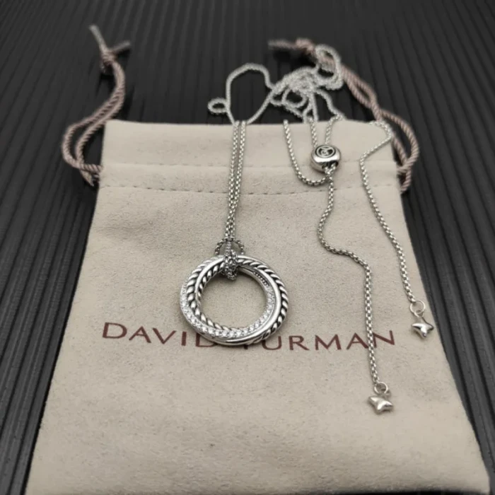 David Yurman 26mm Silver Circle Diamond Accent Sweater Necklace, 1.5mm Chain, Adjustable 90cm Length