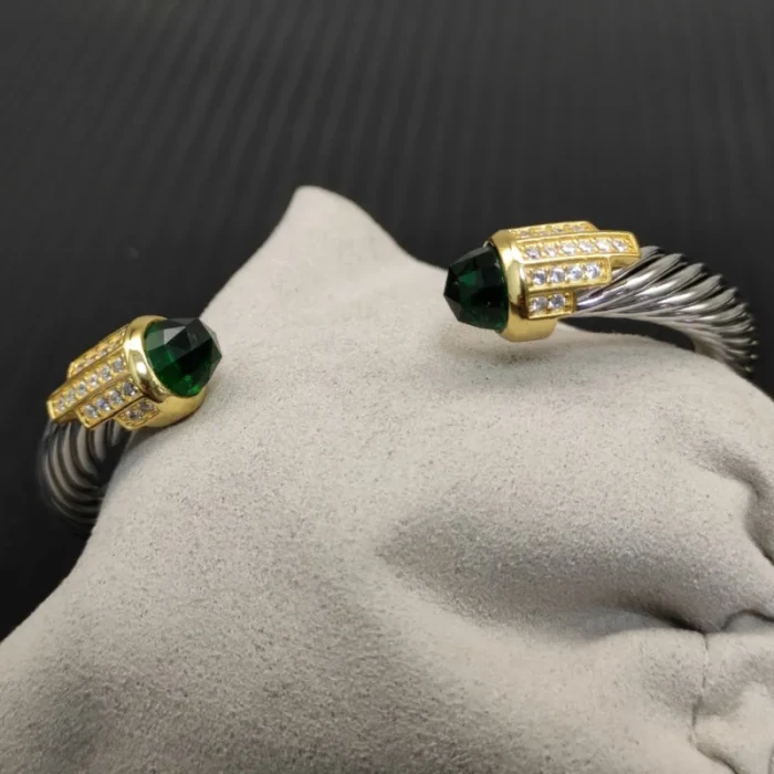 David Yurman 7mm Gold-Tone End Caps Sterling Silver Cable Cuff Bracelet Light Green Diamonds