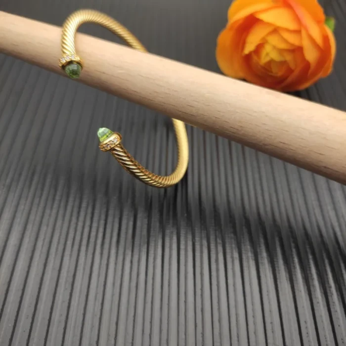David Yurman 4mm Gold Light Green Diamond Bangle Bracelet