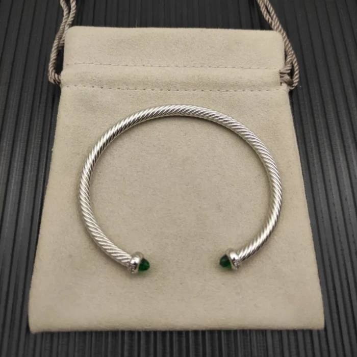 David Yurman 4mm Sterling Silver Green Chalcedony Diamond Bangle Bracelet