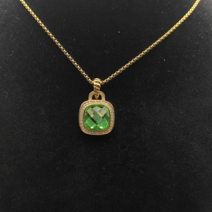 David Yurman Gold 14mm Square Green Diamond Necklace