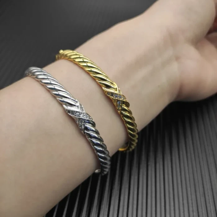 David Yurman 6.2mm Gold X-Pattern Pavé Wave Cuff Bracelet