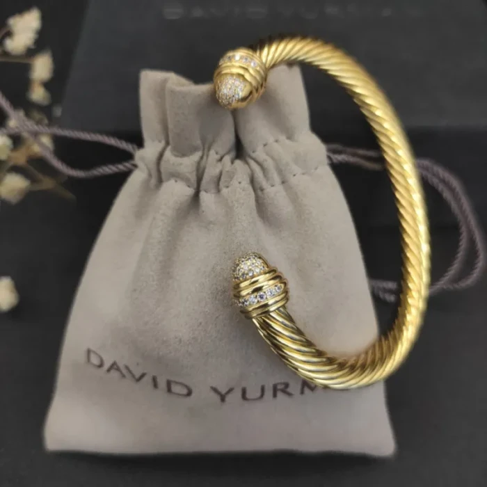 David Yurman 7mm Gold Half Pavé Diamond Cable Cuff Bracelet