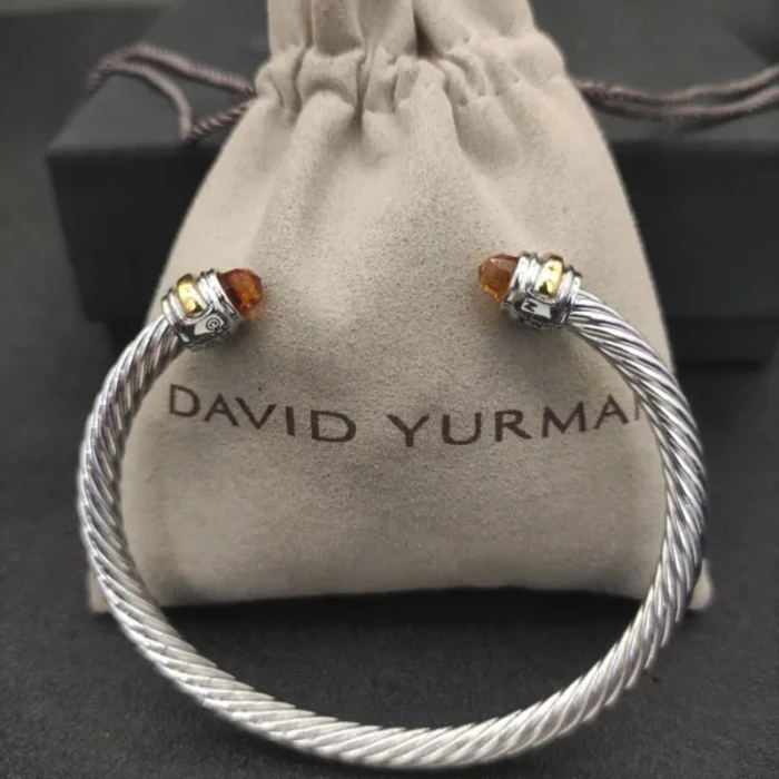 David Yurman 5mm Double Diamond End Champagne Diamond Cuff Bracelet Silver