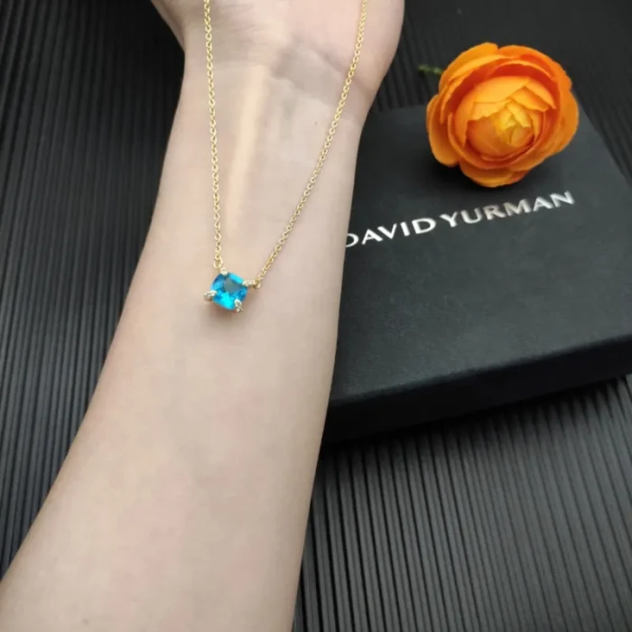 David Yurman Gold 8mm Four-Prong Blue Diamond Necklace