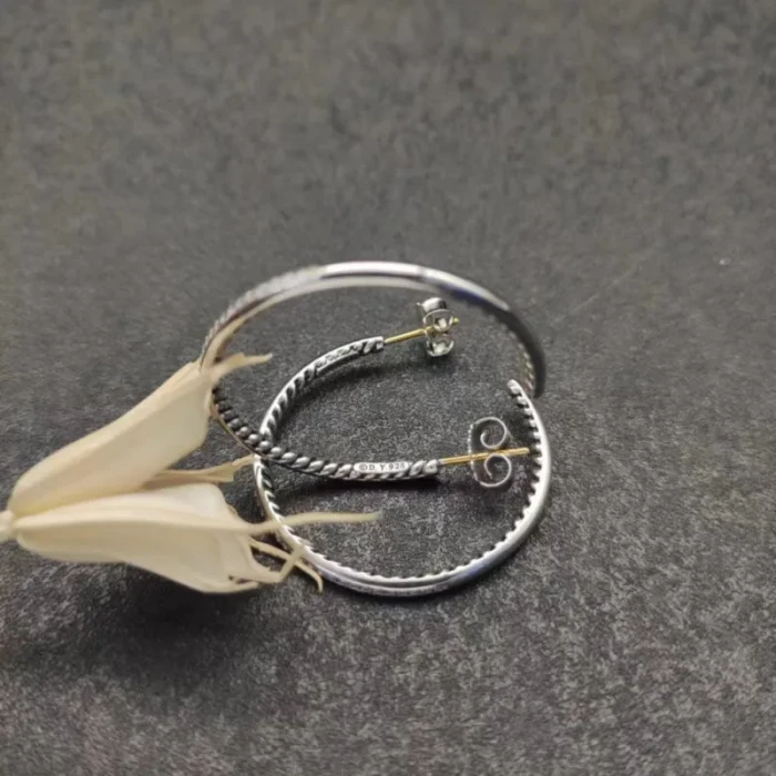 David Yurman Silver Cable Single Row Diamond Hoop Earrings