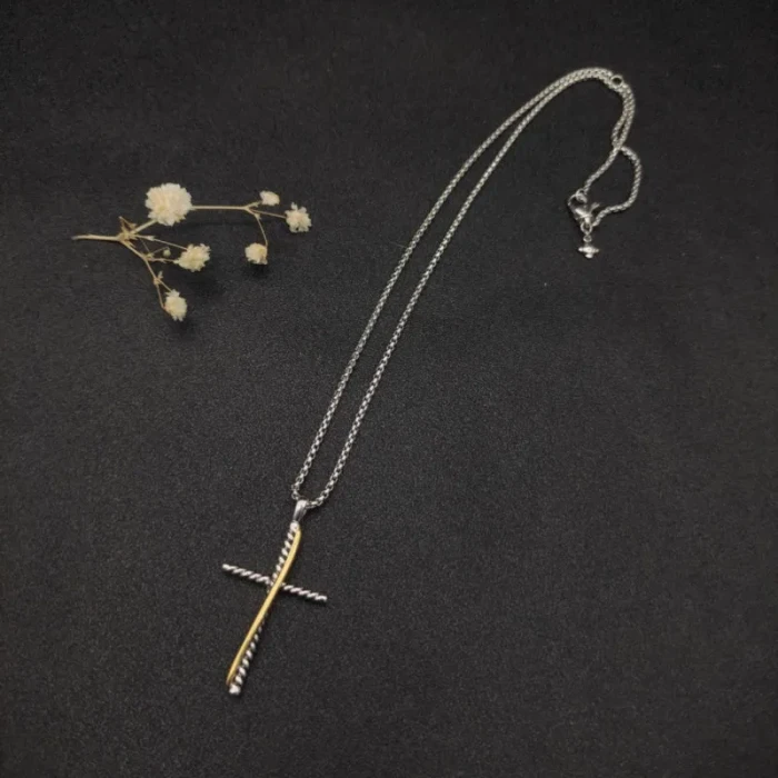 David Yurman Silver and Gold Cross Pendant Necklace with Cable Bar Details