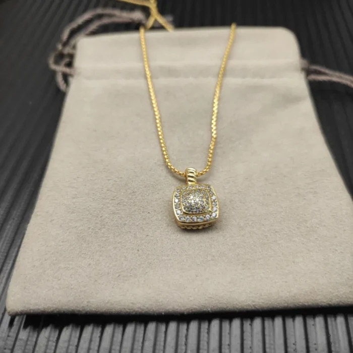 David Yurman Gold Pavé Square Diamond Pendant Necklace, 1.5mm Chain, Length 45cm + 5cm