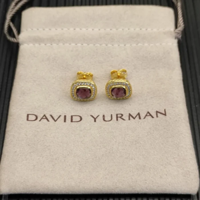 David Yurman 7mm Gold Square Purple Diamond Stud Earrings