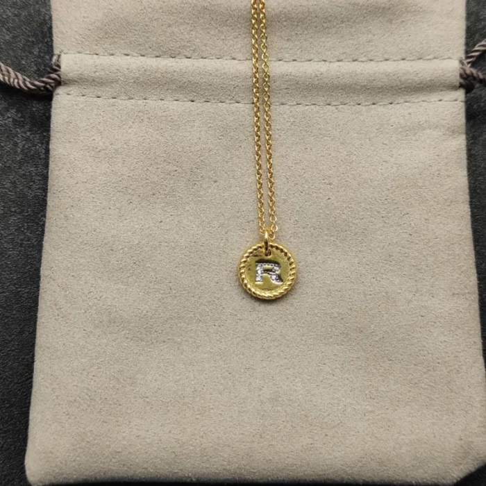 David Yurman Gold Diamond Initial R Disc Pendant Necklace