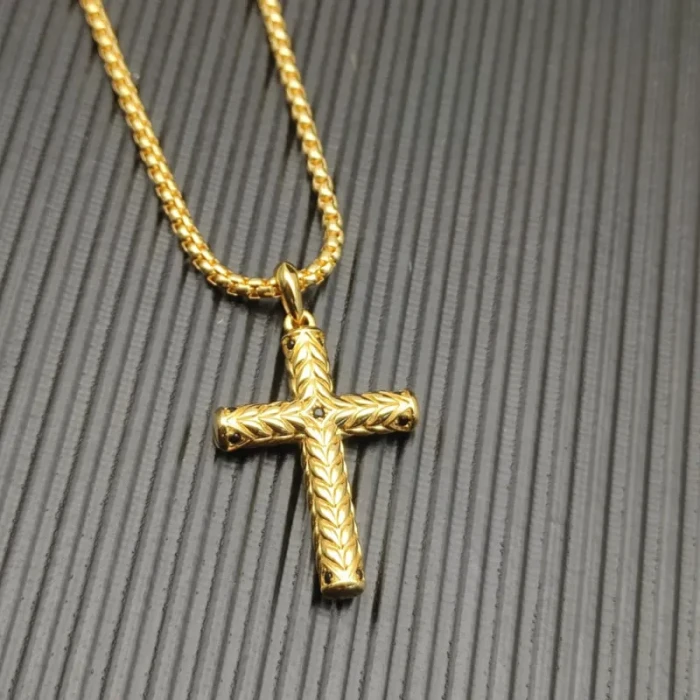 David Yurman Gold Chevron Cross White Diamond Necklace