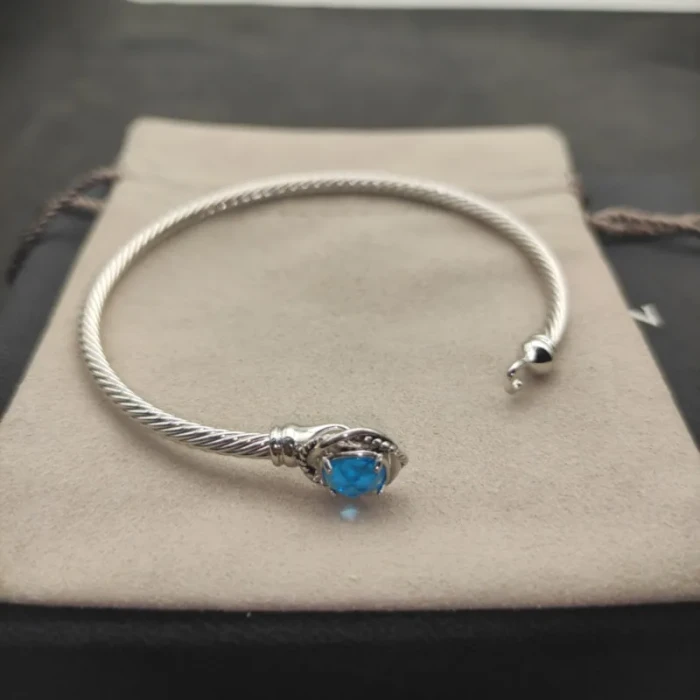 David Yurman 3mm Cable Wire Square Blue Diamond Bangle Bracelet