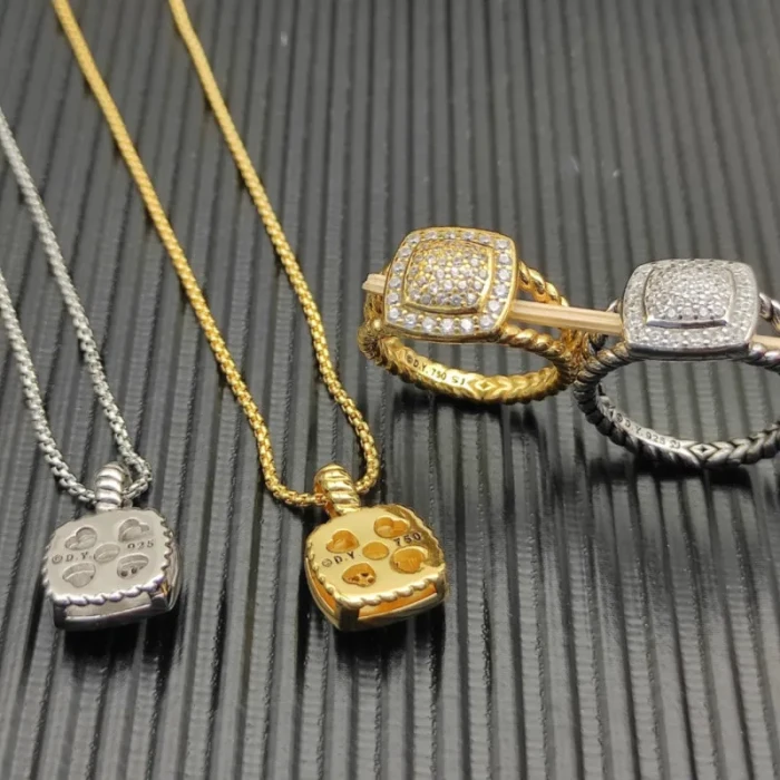 David Yurman Gold Pavé Square Diamond Pendant Necklace, 1.5mm Chain, Length 45cm + 5cm