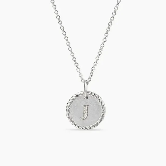 David Yurman Silver Diamond Letter J Round Pendant Necklace, Length 42cm + 3cm + 3cm