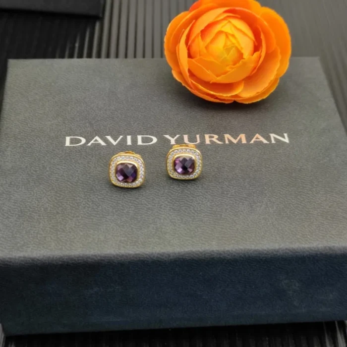 David Yurman 7mm Gold Square Purple Diamond Stud Earrings