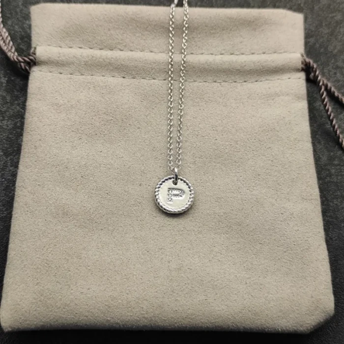 David Yurman Silver Diamond Letter P Round Pendant Necklace, Length 42cm + 3cm + 3cm