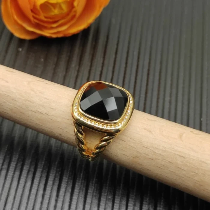 David Yurman Gold 14mm Square Black Pavé Diamond Ring