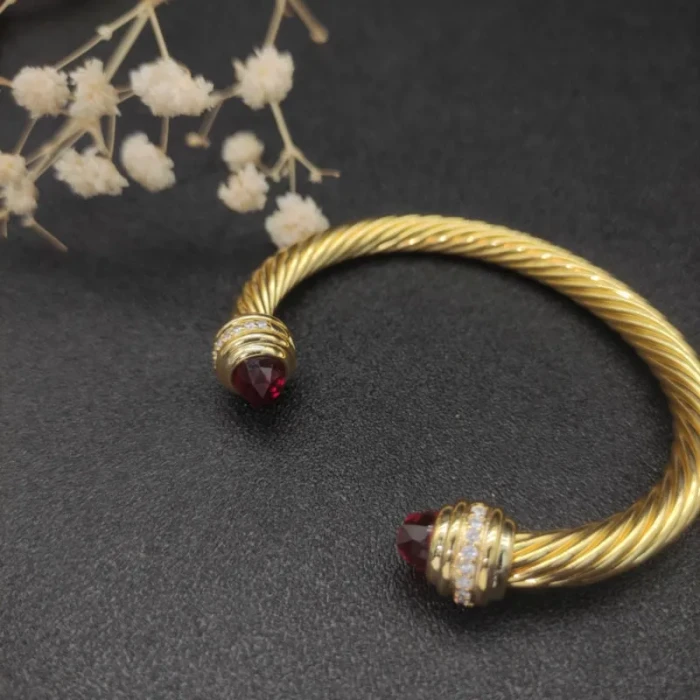 David Yurman 7mm Gold Cable Cuff Bracelet with Red Diamond End Caps and Inlay