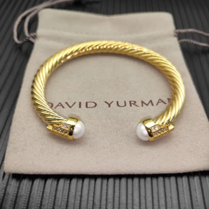 David Yurman 7mm Gold-Tone Cable Cuff Bracelet 5-Row Pavé with Pearls