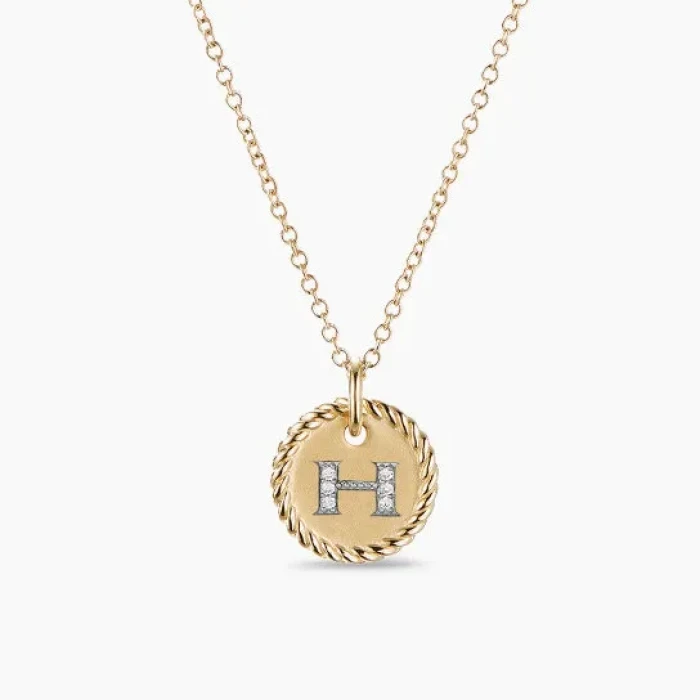 David Yurman Silver Diamond Letter H Round Pendant Necklace, Length 42cm + 3cm + 3cm