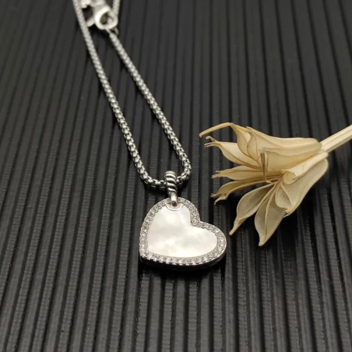 David Yurman Silver Heart White Mother-of-Pearl Necklace, 2mm Chain, 45+5cm Adjustable Length