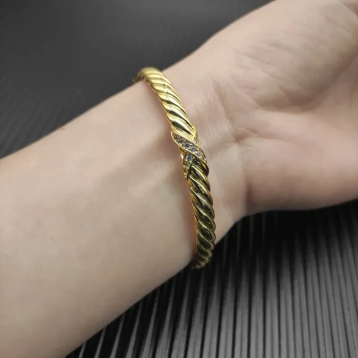 David Yurman 6.2mm Gold X-Pattern Pavé Wave Cuff Bracelet