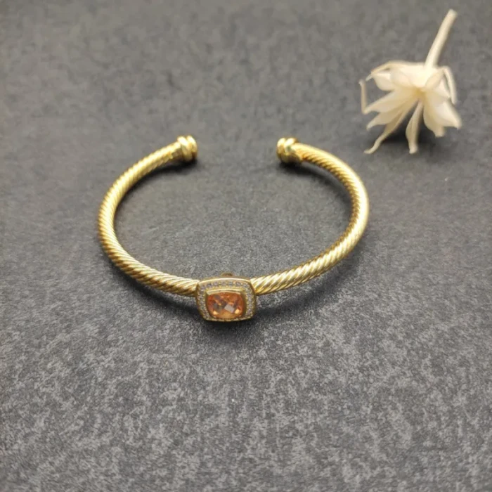 David Yurman Gold Tone 4mm Cable Square Purple Champagne Diamond Cuff Bracelet