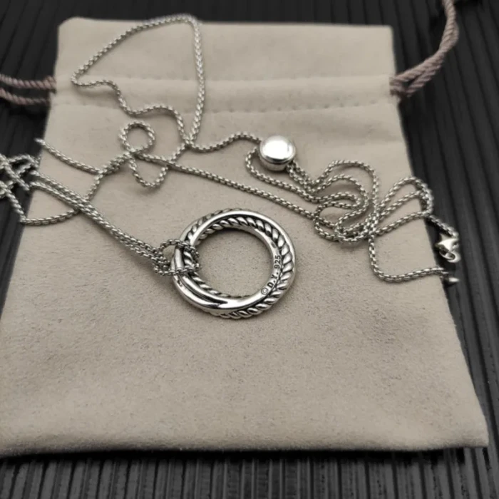 David Yurman 26mm Silver Circle Diamond Accent Sweater Necklace, 1.5mm Chain, Adjustable 90cm Length