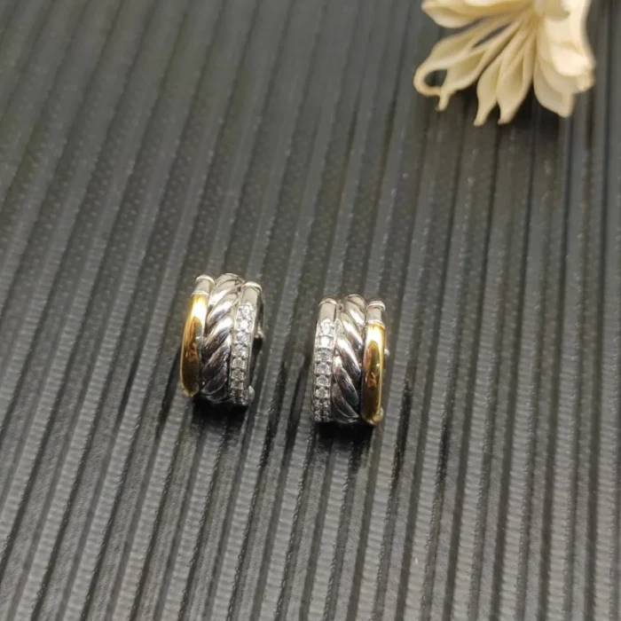 David Yurman Gold and Silver Pavé 14mm Huggie Hoop Earrings