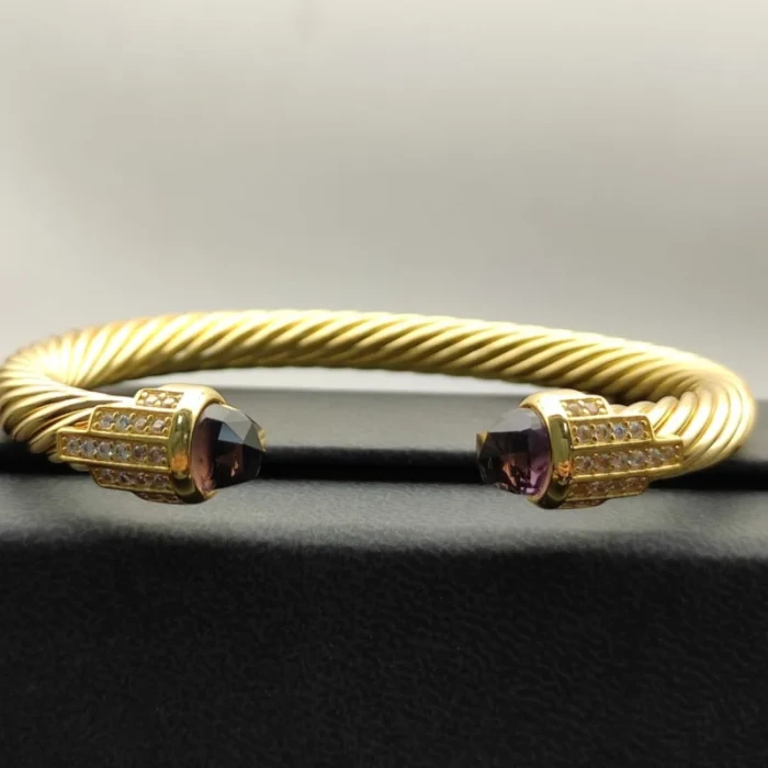 David Yurman 7mm Gold-Tone Cable Cuff Bracelet Purple Diamonds