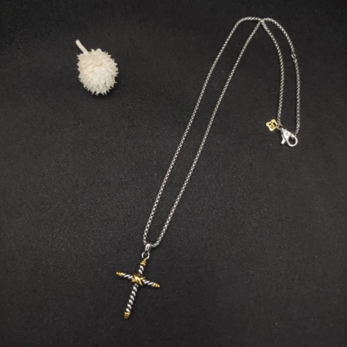 David Yurman Gold and Silver Cross Pendant Necklace with Cable Details