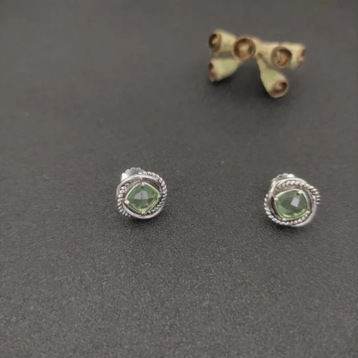 David Yurman 7mm Cable Square Green Diamond Stud Earrings