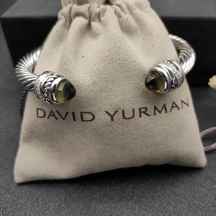 David Yurman 7mm Cable Cuff Bracelet with Rotating End Caps Brown Diamonds
