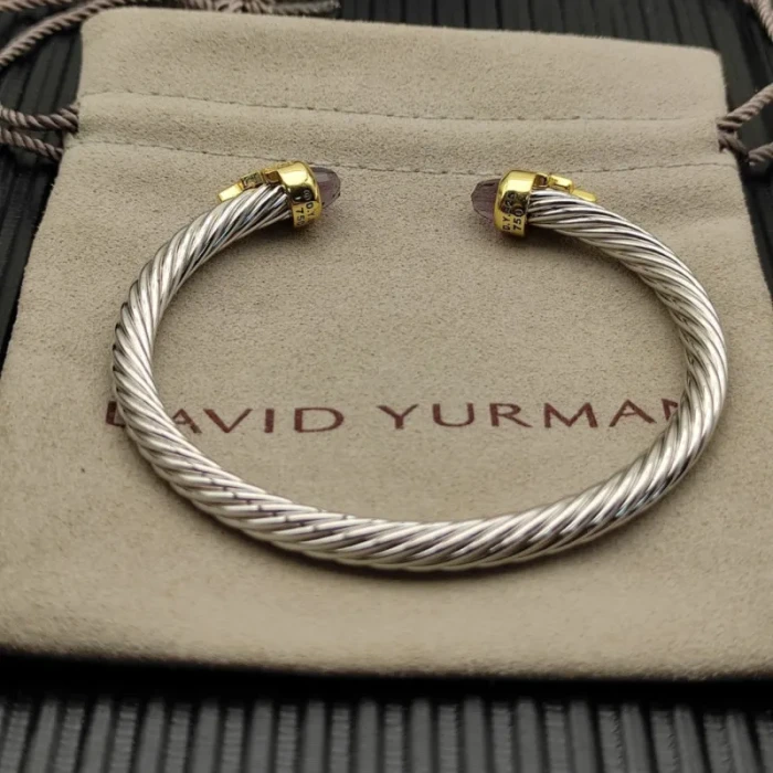 David Yurman 5mm Silver Cable Bracelet with Gold Station and Five-Row Pavé Purple Diamond Accent