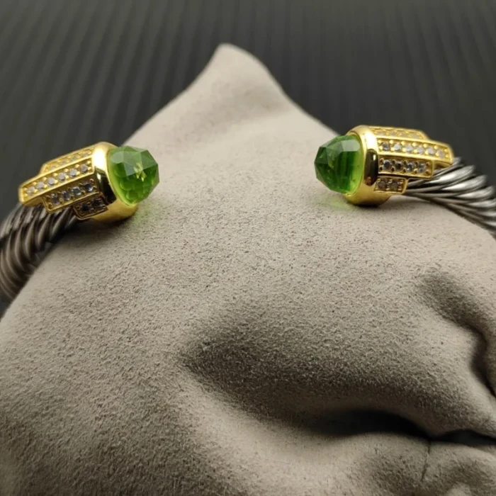 David Yurman 7mm Gold-Tone End Caps Sterling Silver Cable Cuff Bracelet 5-Row Pavé Light Green Diamonds