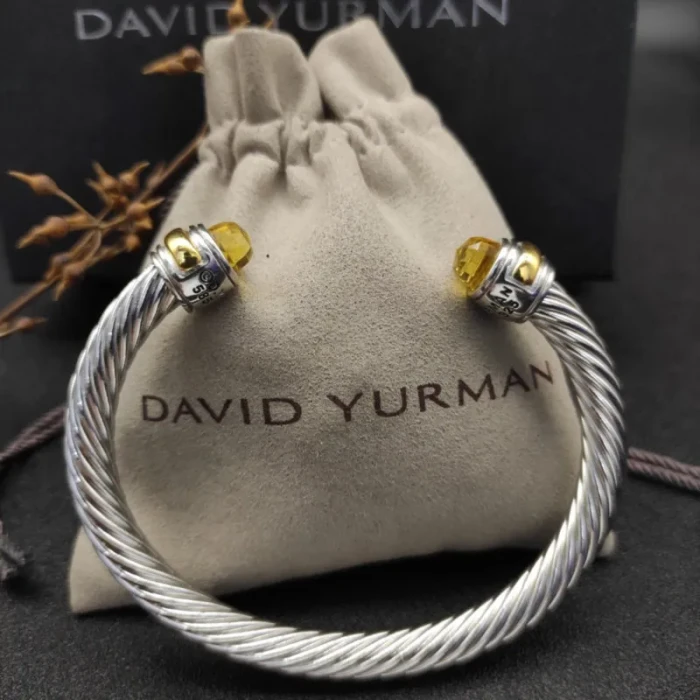 David Yurman 7mm Gold and Silver Double End Cap Yellow Diamond Cable Bracelet