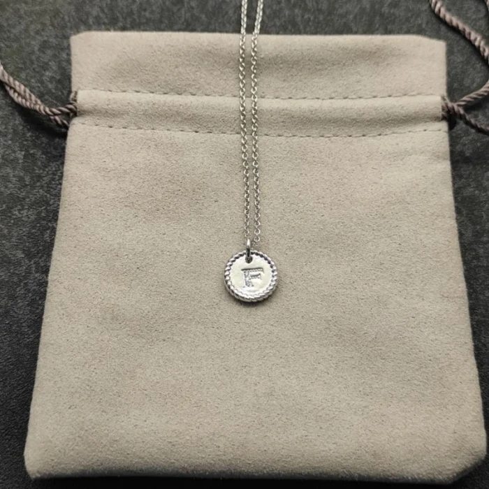 David Yurman Silver Diamond Letter F Round Pendant Necklace, Length 42cm + 3cm + 3cm