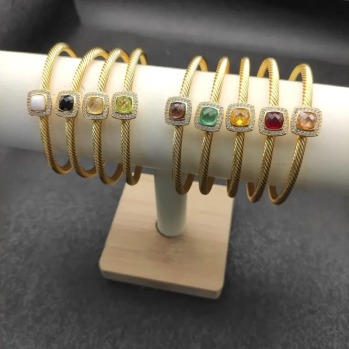 David Yurman Gold Tone 4mm Cable Square Purple Champagne Diamond Cuff Bracelet