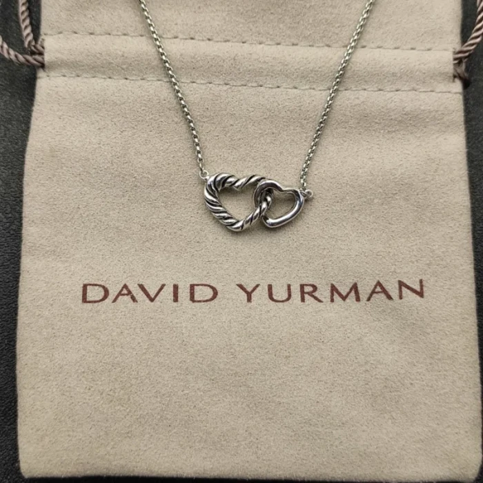 David Yurman Silver Double Heart Clasp Necklace, 1.5mm Chain, 45+5cm Adjustable Length